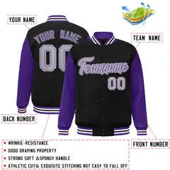 Black Gray Purple Raglan Varsity Full-Snap Letterman Jacket 2