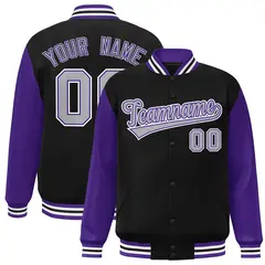 Black Gray Purple Raglan Varsity Full-Snap Letterman Jacket 1