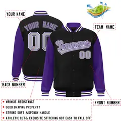 Black Gray Purple Raglan Varsity Full-Snap Letterman Jacket 2