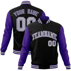 Black Gray Purple Raglan Varsity Full-Snap Letterman Jacket 1