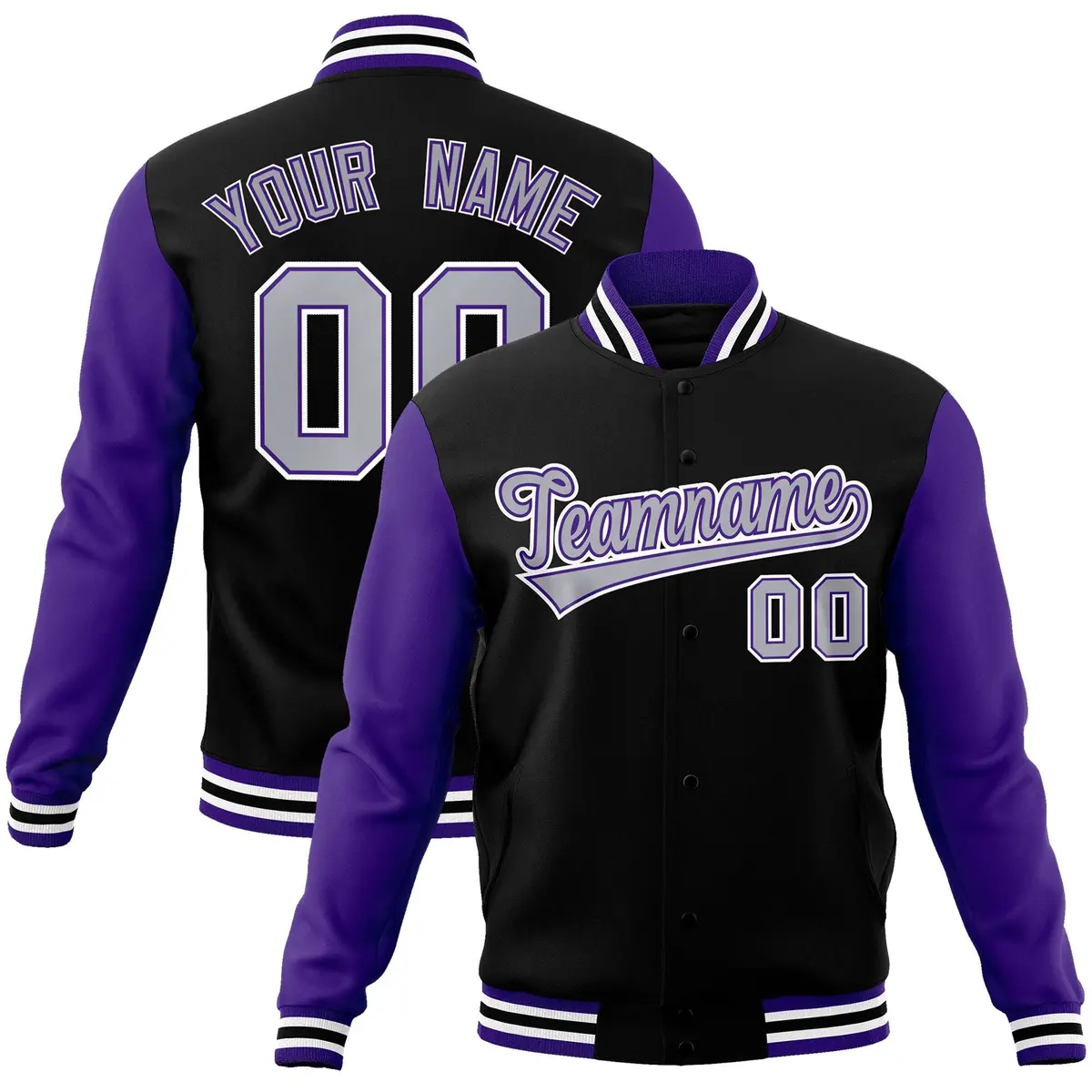 Black Gray Purple Raglan Varsity Full-Snap Letterman Jacket
