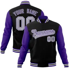 Black Gray Purple Raglan Varsity Full-Snap Letterman Jacket 1