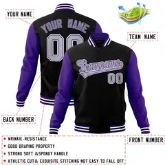 Black Gray Purple Raglan Varsity Full-Snap Letterman Jacket 4