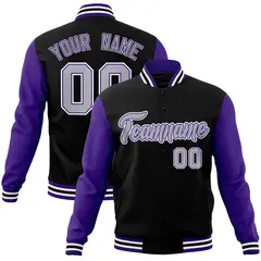 Black Gray Purple Raglan Varsity Full-Snap Letterman Jacket 1