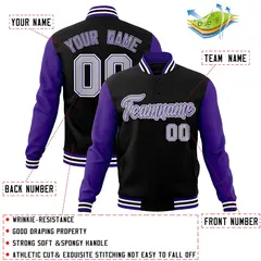 Black Gray Purple Raglan Varsity Full-Snap Letterman Jacket 4
