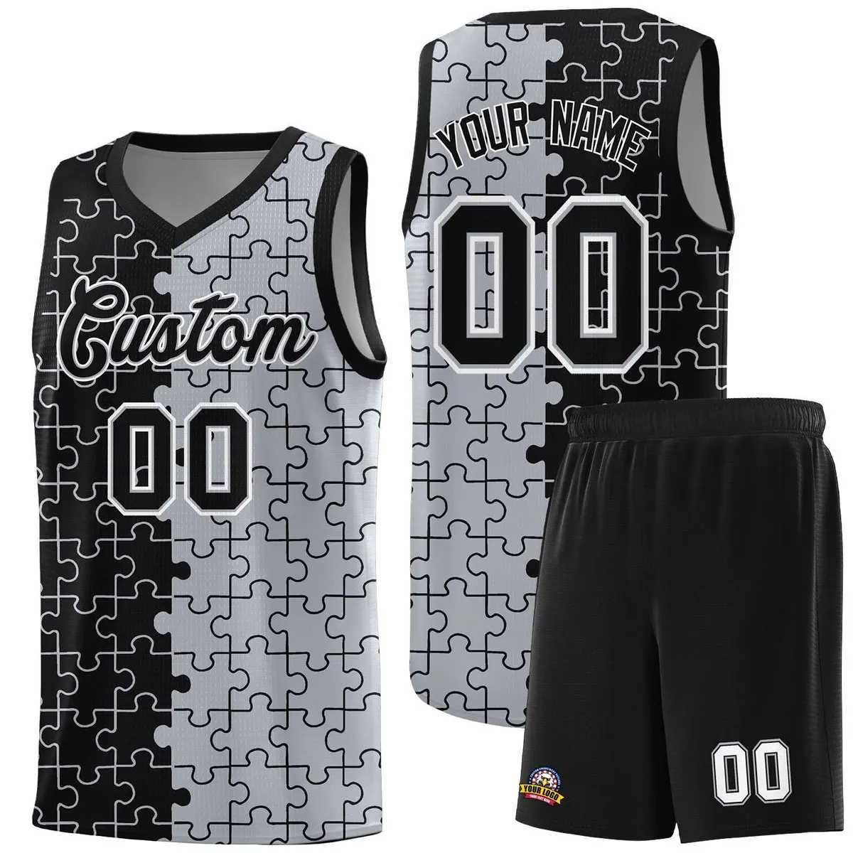 Black Gray Puzzle Pattern Splid Basketball Kits