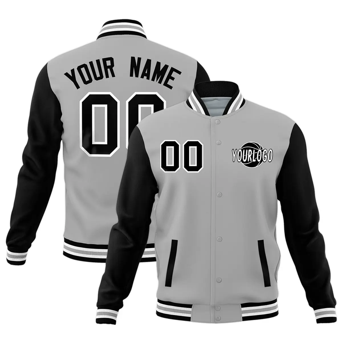 Black Gray Raglan Sleeve Cotton Letterman Jacket