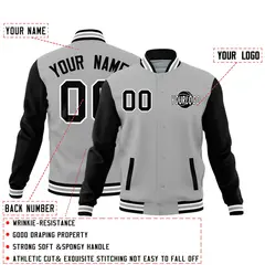 Black Gray Raglan Sleeve Cotton Letterman Jacket 2
