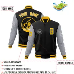 Black Gray Raglan Sleeves Full-Snap Varsity Letterman Jacket 4