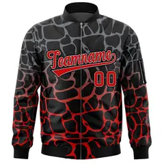 Black Gray-Red Spotted Varsity Full-Zip Letterman Bomber Jacket 3