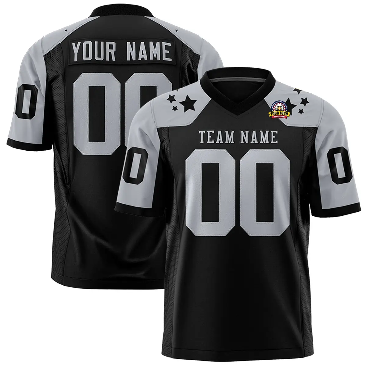 Black Gray Shoulder Star Pattern Flag Football Jersey