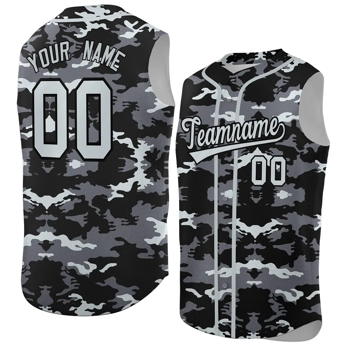 Black Gray Silver Camo Sleeveless Baseball Jersey