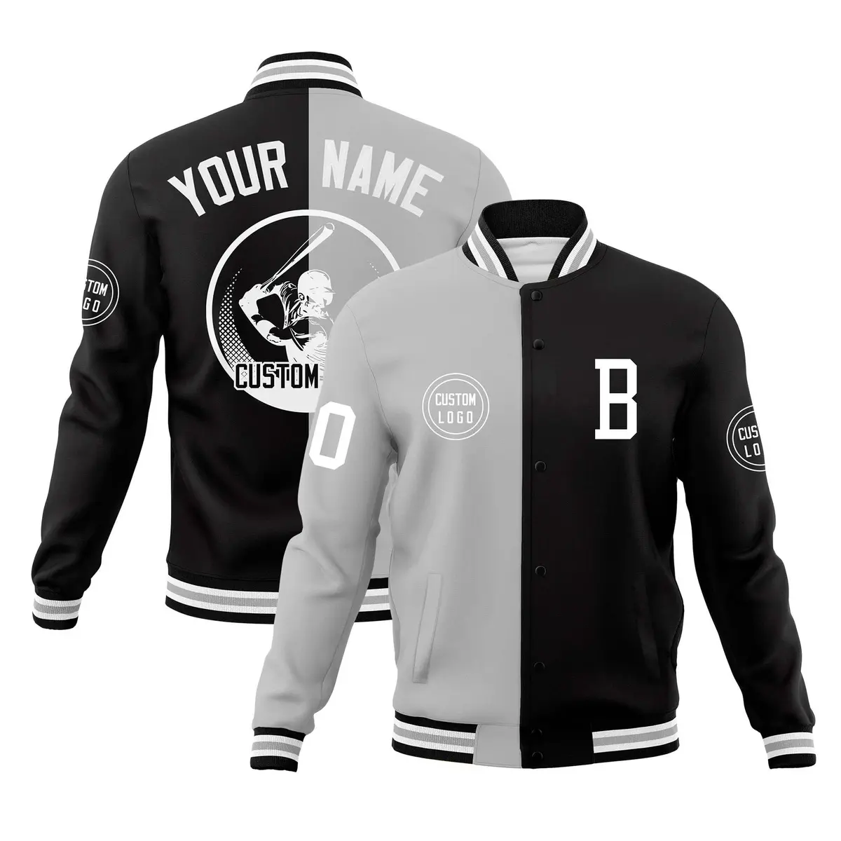 Black Gray Split Full-Snap Varsity Letterman Baseball Jacket