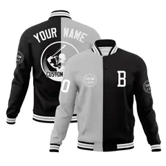 Black Gray Split Full-Snap Varsity Letterman Baseball Jacket