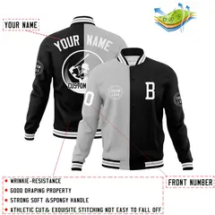 Black Gray Split Full-Snap Varsity Letterman Baseball Jacket 4