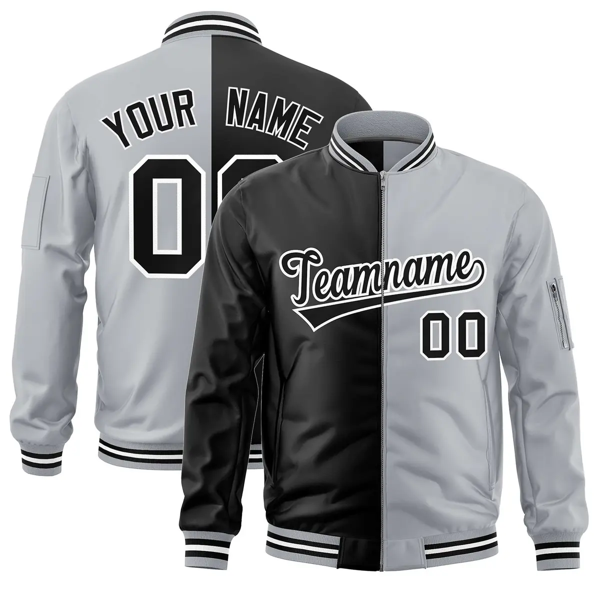 Black Gray Split Varsity Full-Zip Letterman Bomber Jacket