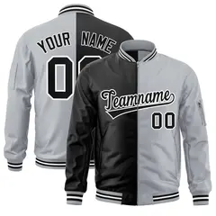 Black Gray Split Varsity Full-Zip Letterman Bomber Jacket 1
