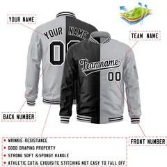 Black Gray Split Varsity Full-Zip Letterman Bomber Jacket 2