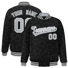 Black Gray Star Pattern Varsity Full-Snap Letterman Jacket
