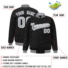 Black Gray Star Pattern Varsity Full-Snap Letterman Jacket 2