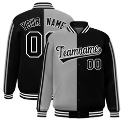 Black Gray Two Tone Color Block Varsity Bomber Jacket