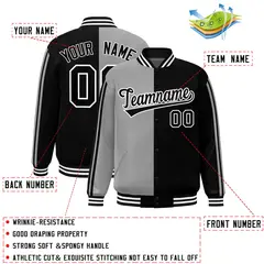 Black Gray Two Tone Color Block Varsity Bomber Jacket 2