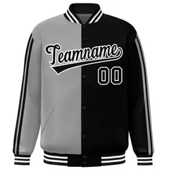 Black Gray Two Tone Color Block Varsity Bomber Jacket 3