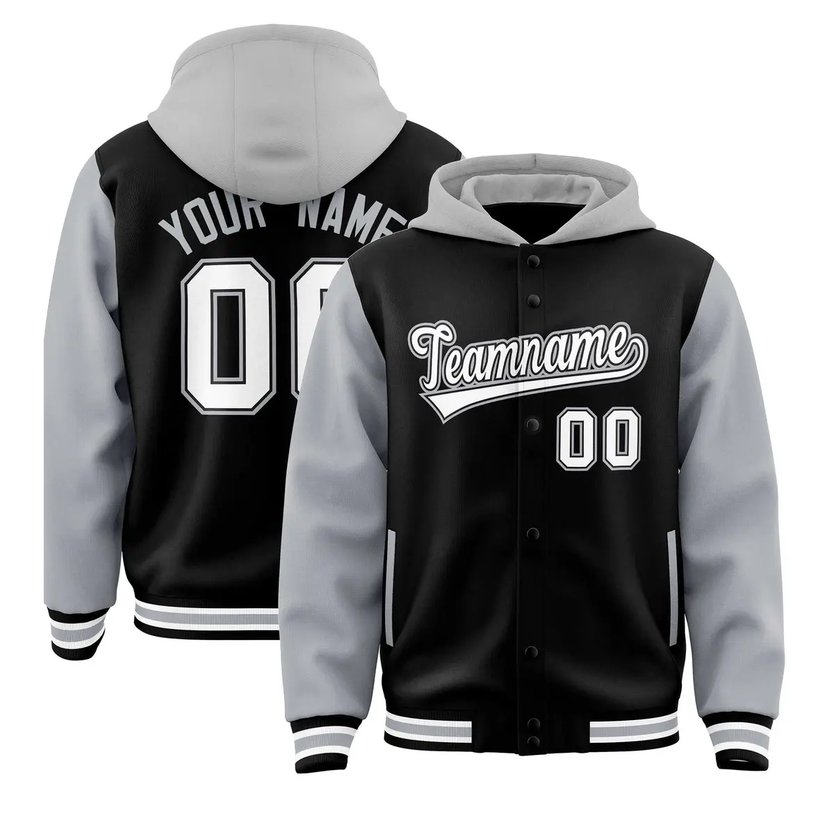 Black Gray Two Tone Raglan Sleeves Varsity Full-Snap Letterman Jacket Hoodie