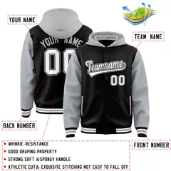 Black Gray Two Tone Raglan Sleeves Varsity Full-Snap Letterman Jacket Hoodie 4