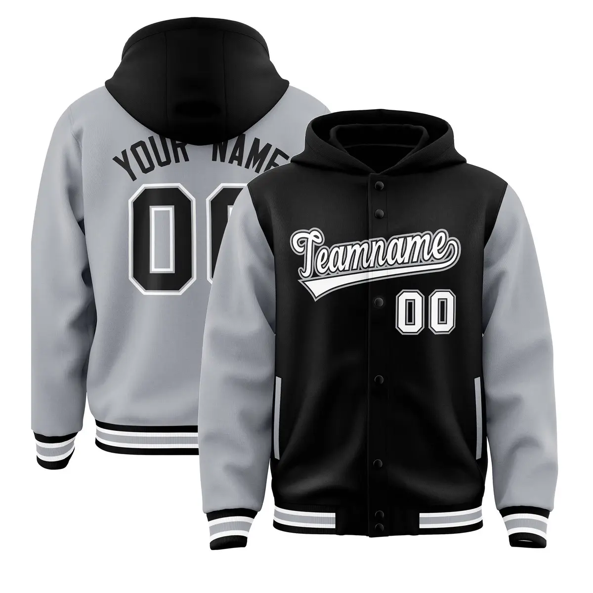 Black Gray Two Tone Raglan Sleeves Varsity Full-Snap Letterman Jacket Hoodie