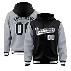 Black Gray Two Tone Raglan Sleeves Varsity Full-Snap Letterman Jacket Hoodie