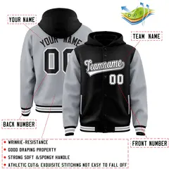 Black Gray Two Tone Raglan Sleeves Varsity Full-Snap Letterman Jacket Hoodie 4