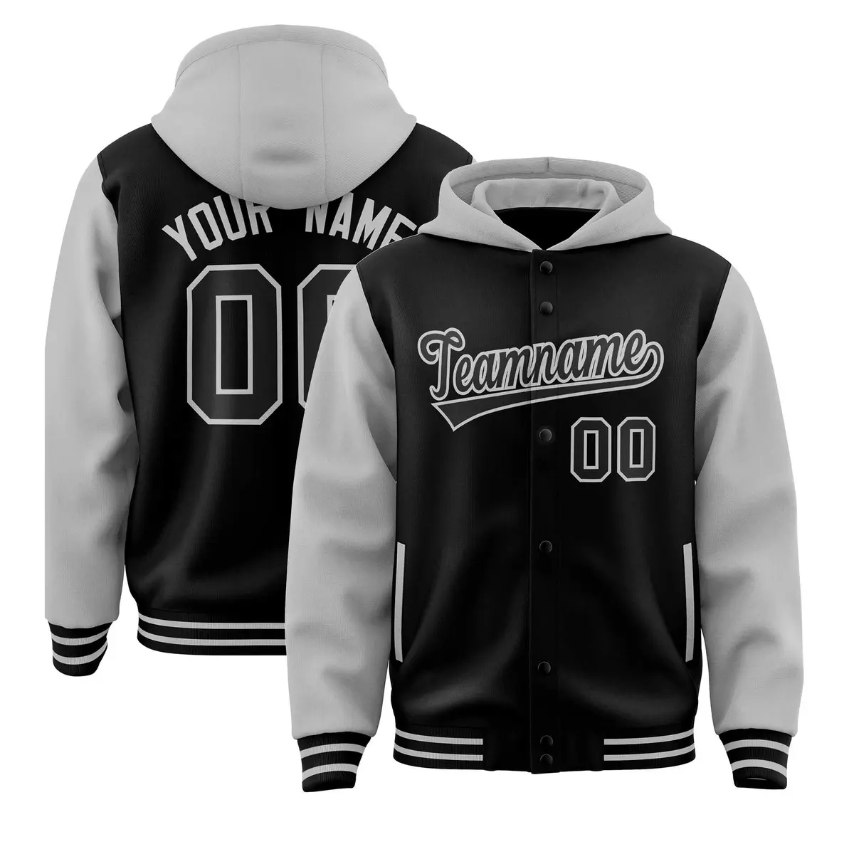 Black Gray Two Tone Raglan Sleeves Varsity Full-Snap Letterman Jacket Hoodie