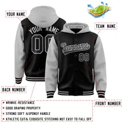 Black Gray Two Tone Raglan Sleeves Varsity Full-Snap Letterman Jacket Hoodie 4