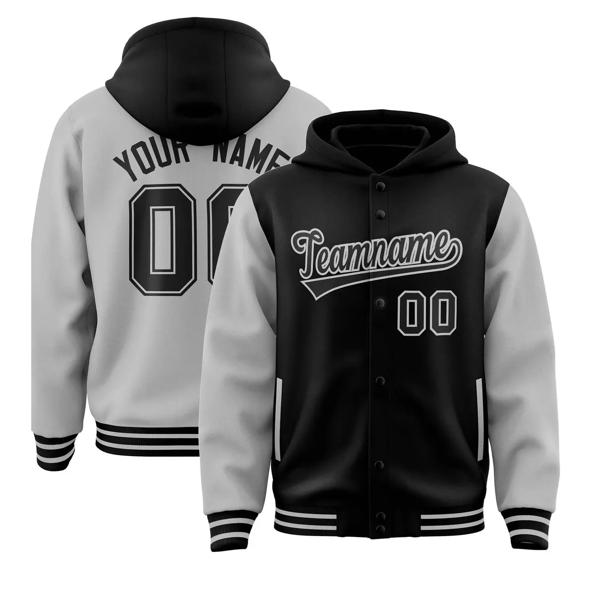 Black Gray Two Tone Raglan Sleeves Varsity Full-Snap Letterman Jacket Hoodie