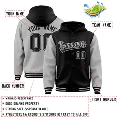 Black Gray Two Tone Raglan Sleeves Varsity Full-Snap Letterman Jacket Hoodie 4