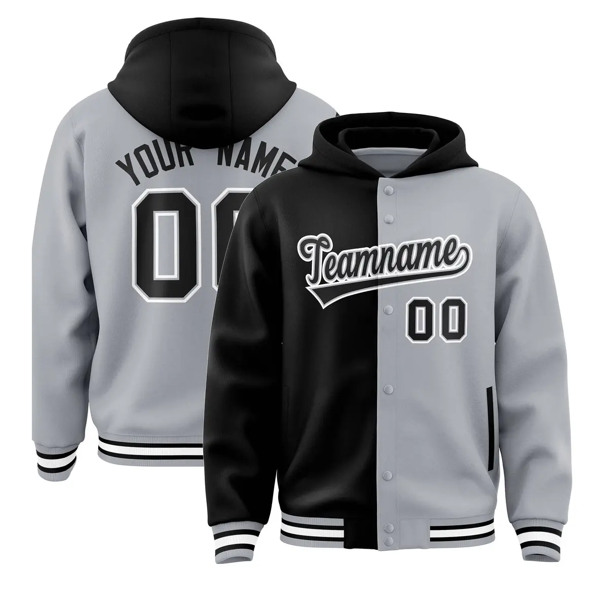 Black Gray Two Tone Split Full-Snap Varsity Letterman Hoodie Jacket
