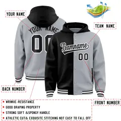 Black Gray Two Tone Split Full-Snap Varsity Letterman Hoodie Jacket 4