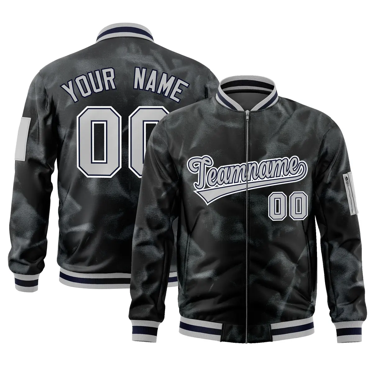 Black Gray-White Blur Spray Varsity Full-Zip Letterman Bomber Jacket