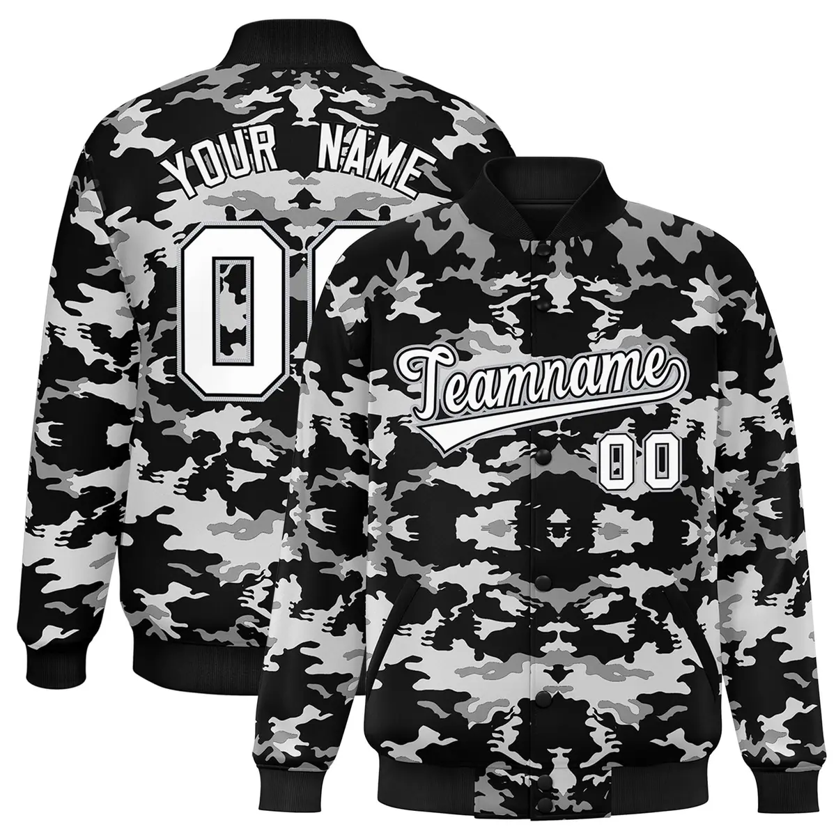 Black Gray-White Camo Full-Snap Letterman Baseball Jacket