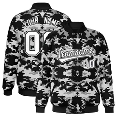 Black Gray-White Camo Full-Snap Letterman Baseball Jacket