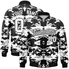 Black Gray-White Camo Varsity Full-Zip Letterman Bomber Jacket