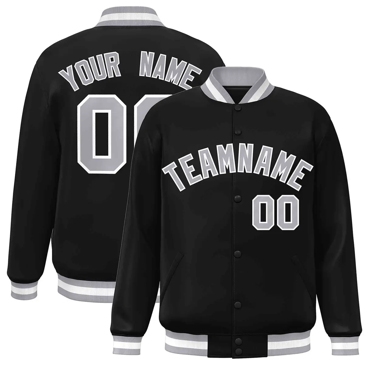 Black Gray White Classic Varsity Full-Snap Letterman Jacket