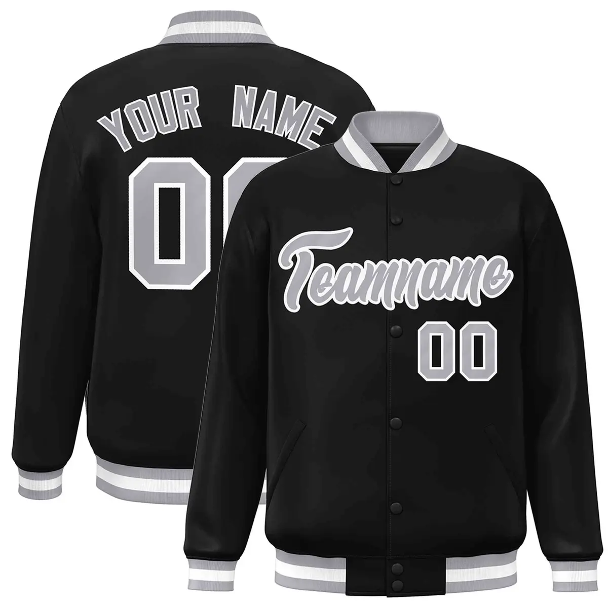 Black Gray White Classic Varsity Full-Snap Letterman Jacket