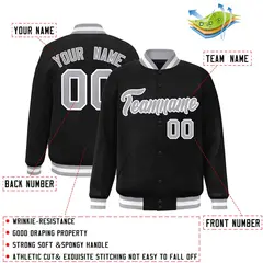Black Gray White Classic Varsity Full-Snap Letterman Jacket 2