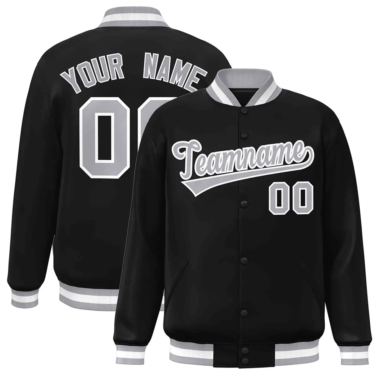 Black Gray White Classic Varsity Full-Snap Letterman Jacket