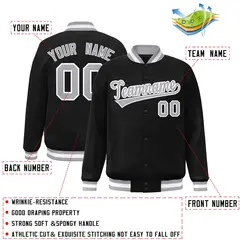 Black Gray White Classic Varsity Full-Snap Letterman Jacket 2