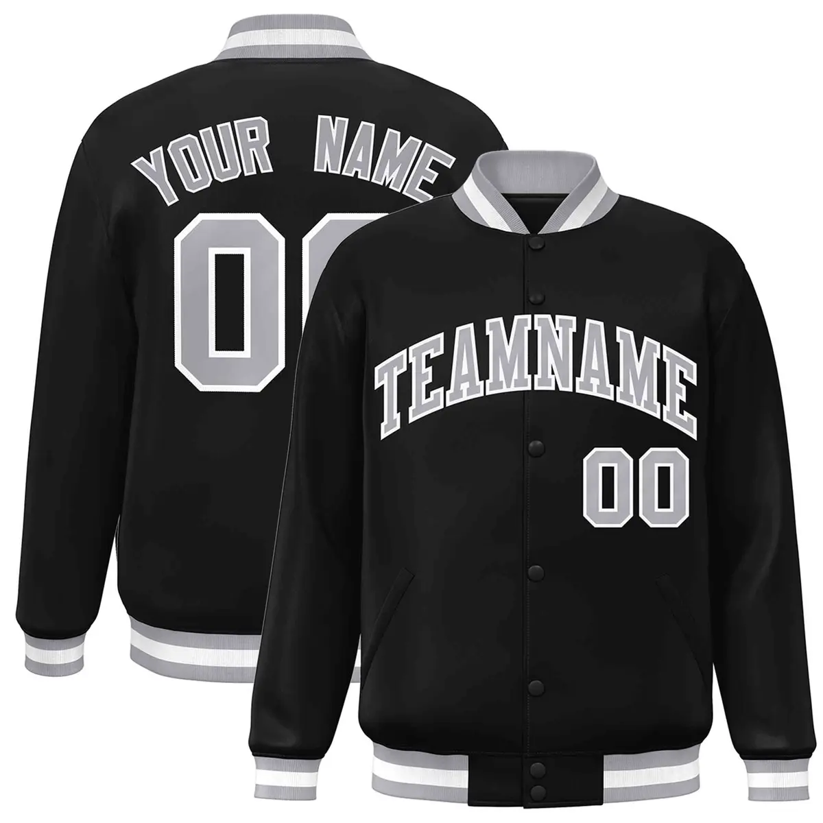 Black Gray White Classic Varsity Full-Snap Letterman Jacket