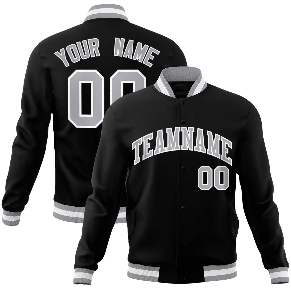Black Gray White Classic Varsity Full-Snap Letterman Jacket