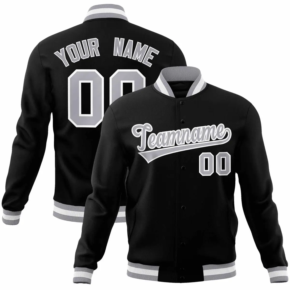 Black Gray White Classic Varsity Full-Snap Letterman Jacket